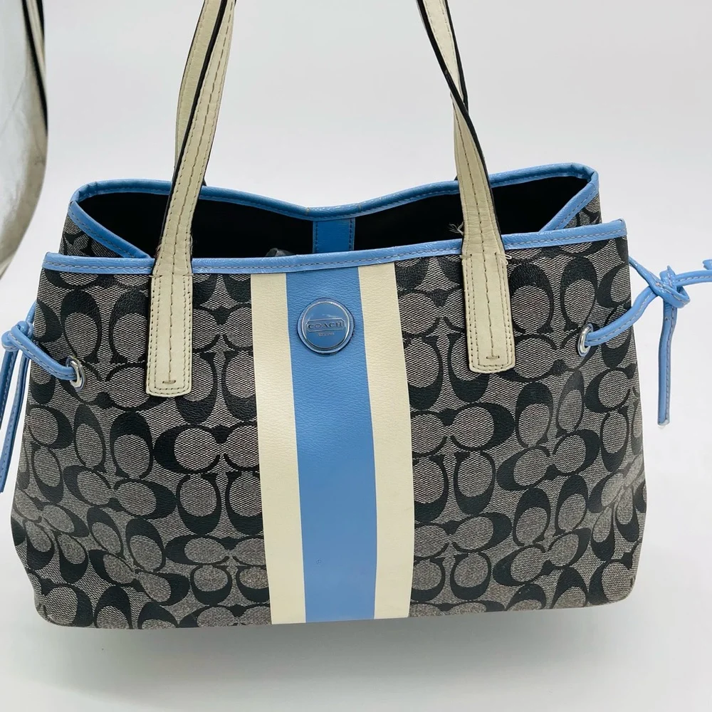 Coach Signature Canvas Satchel in Gray with Blue and Cream Stripes